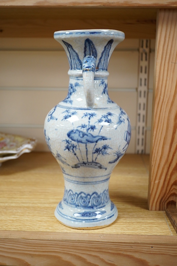 A Chinese blue and white crackle glazed two handled vase, 28cm. Condition - good